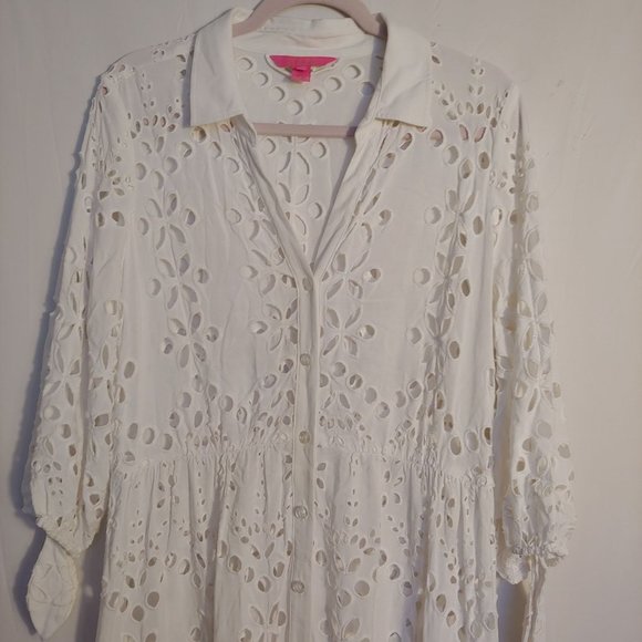 Lilly Pulitzer White Amrita Eyelet Midi Button Down Dress Size 10 - Picture 2 of 16